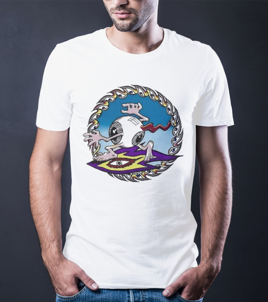 Spiral Eye Surfing Disc With Hands And Vibrant T-Shirt