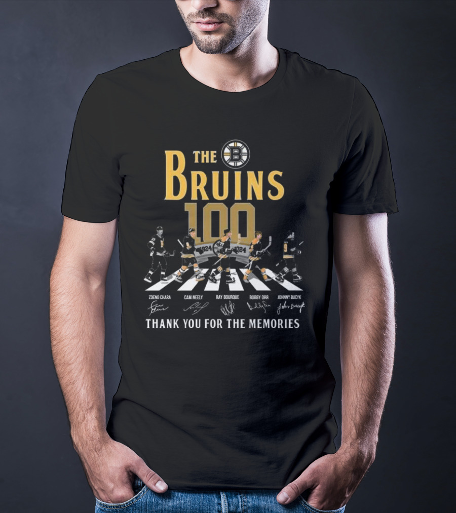 The Bruins 100 1924 Thank You For The Memories Zdeno Chara Cam Neely Ray Bourque Bobby Orr Johnny Bucyk Signatures T-Shirt