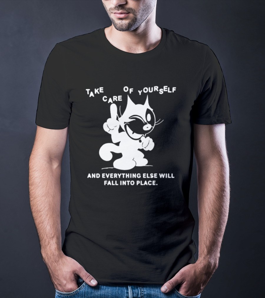 Take Care Of Yourself And Everything Else Will Fall Into Place Happy Winking Cartoon Cat T-Shirt