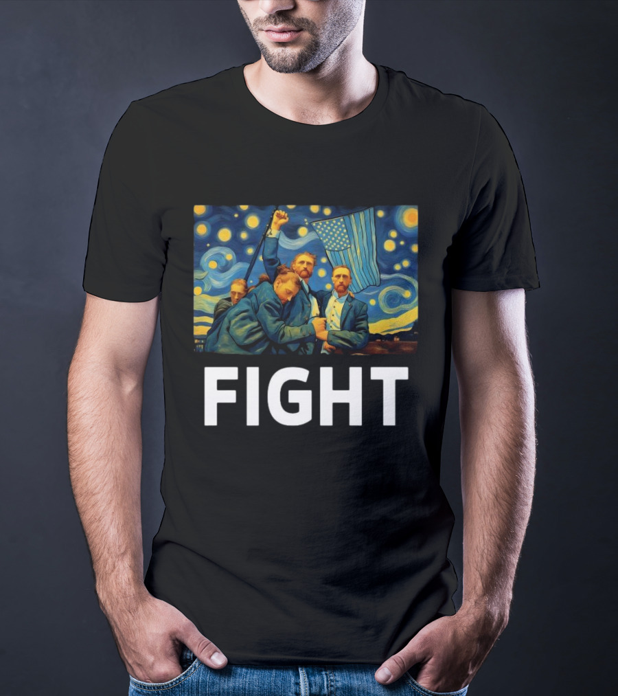 Fight Van Gogh Starry Night American Flag Fist Raised T-Shirt