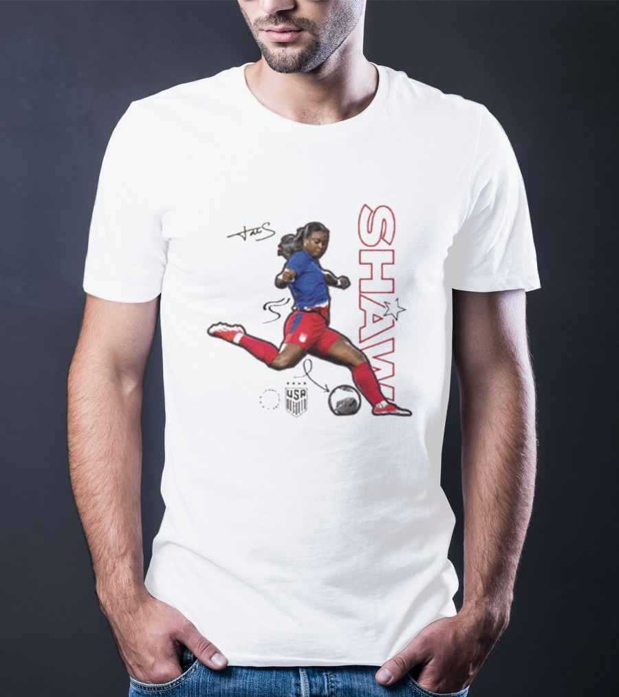 USWNT Jaedyn Shaw Signature Red And Blue Action Pose With Star T-Shirt