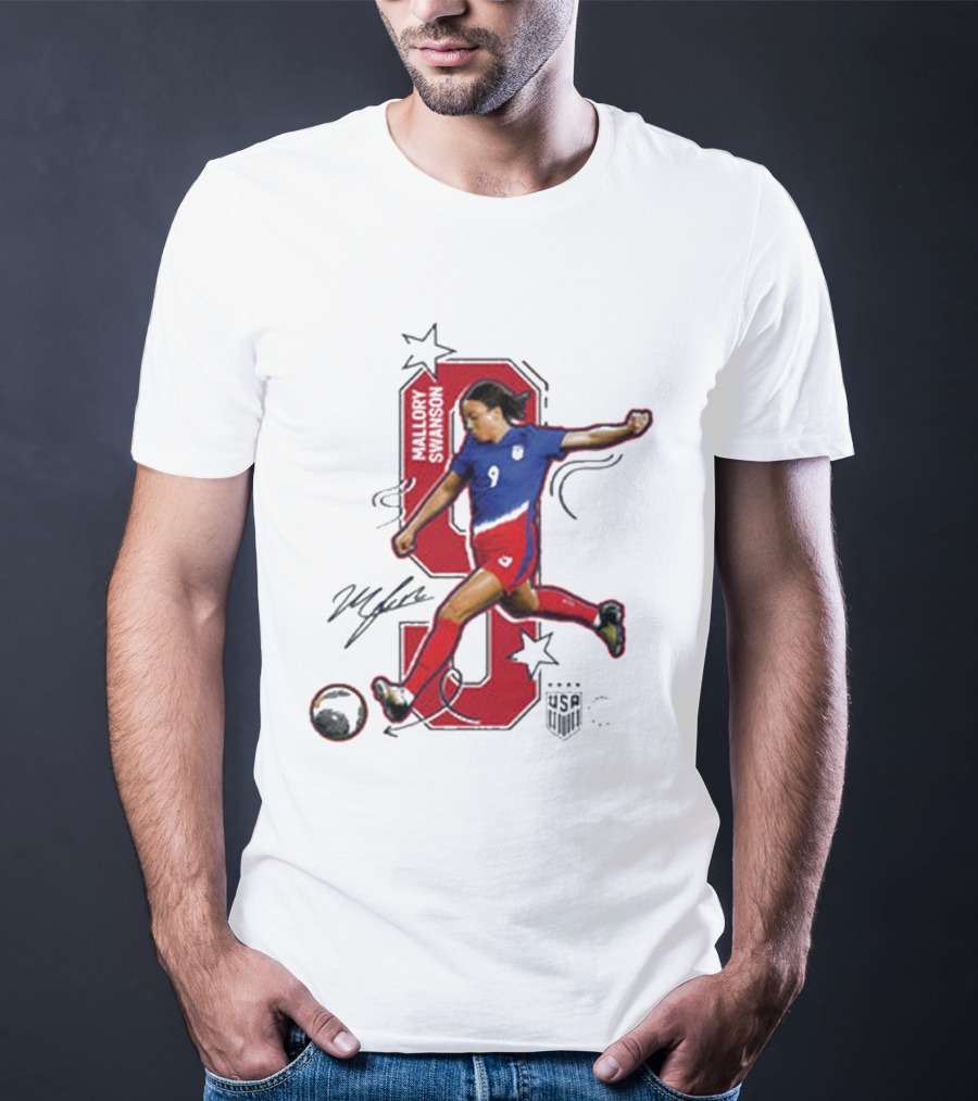 Mallory Swanson Number 9 USWNT Signature Red And Blue Player Action T-Shirt
