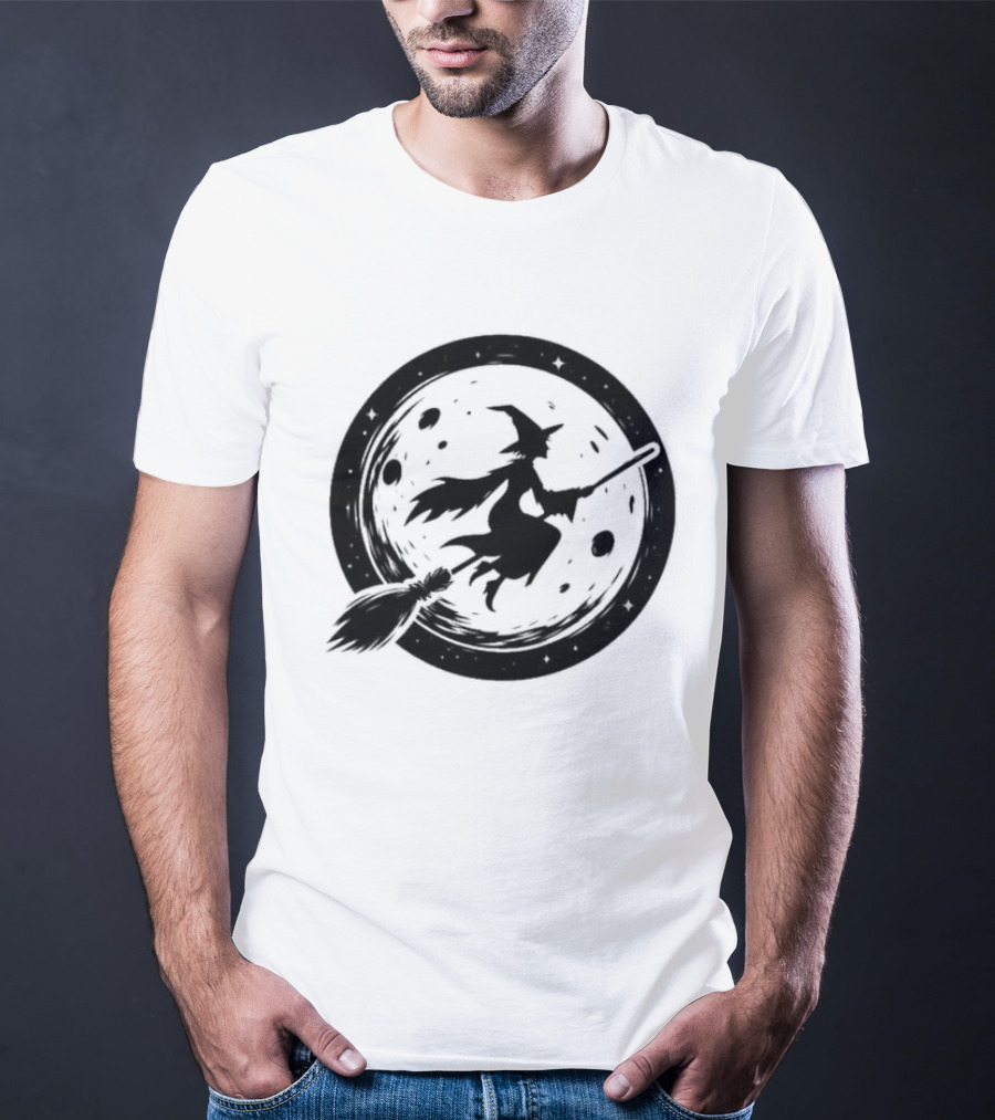 Spooky Halloween Witch Flying Across Full Moon Night T-Shirt