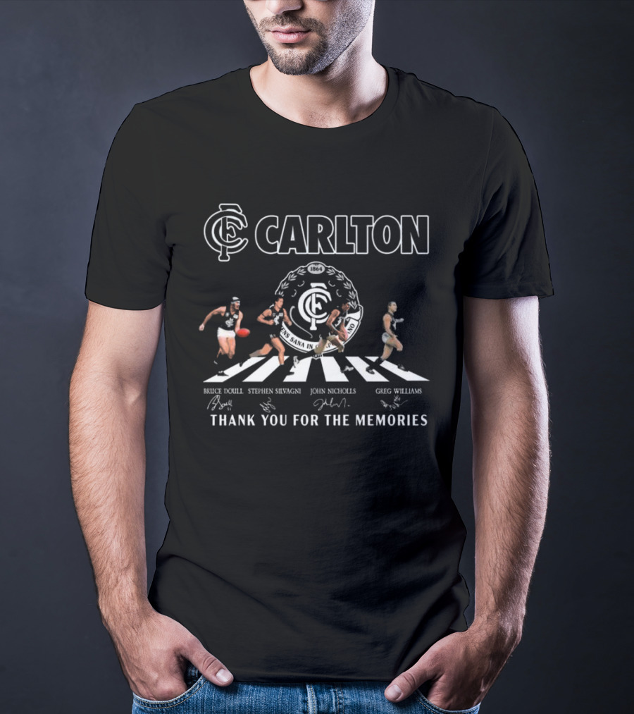 Carlton Blues AFL Thank You For The Memories Abbey Road Bruce Doull Stephen Silvagni John Nicholls Greg Williams Signatures T-Shirt
