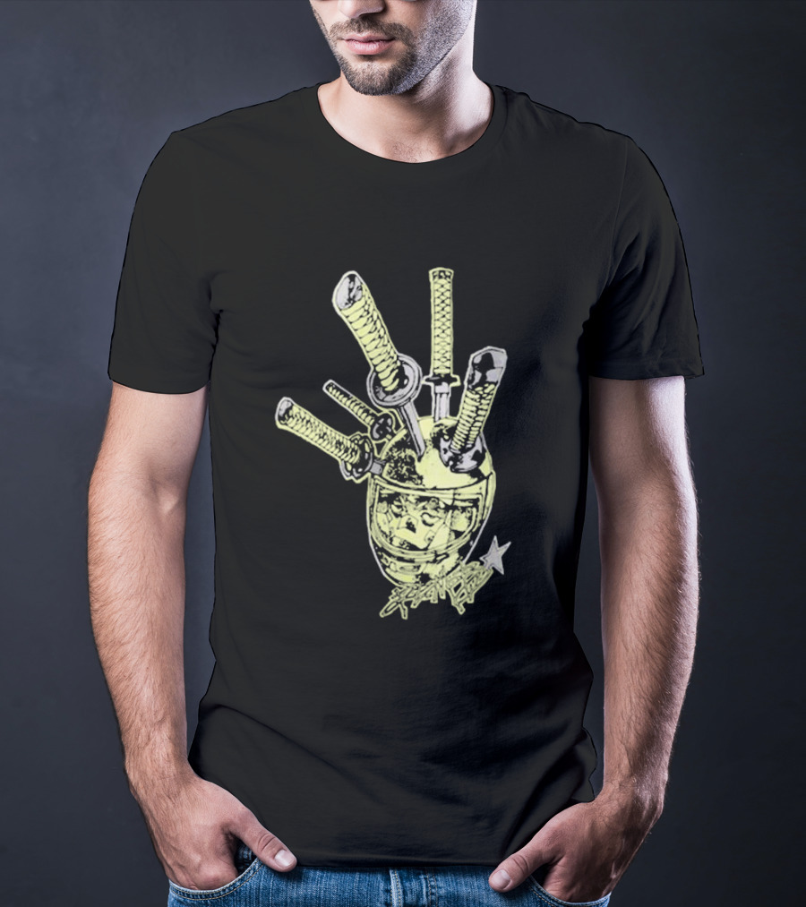 Oremob Katana Helmet Graphic With Star And Japanese Characters T-Shirt