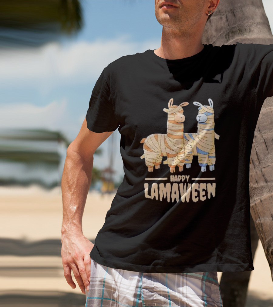 Happy Lamaween Funny Llama Halloween Mummies T-Shirt