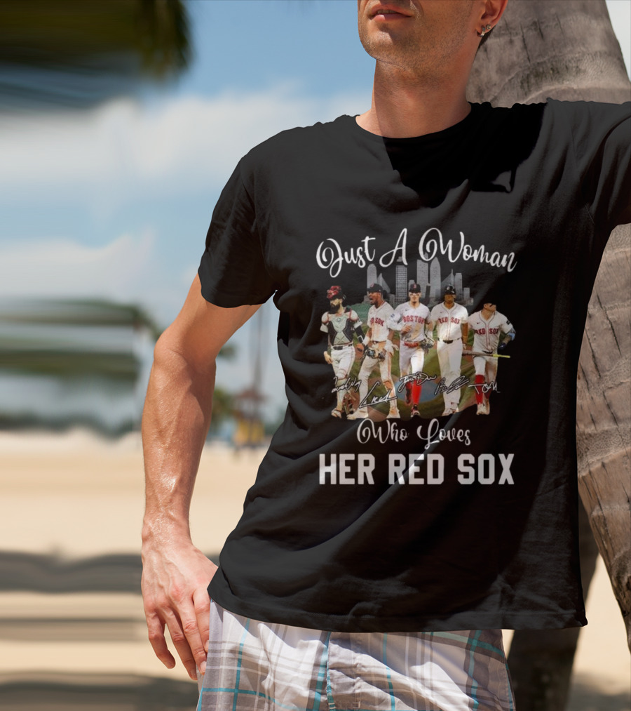 Just A Woman Who Loves Her Red Sox Team Signatures Boston City Skyline T-Shirt