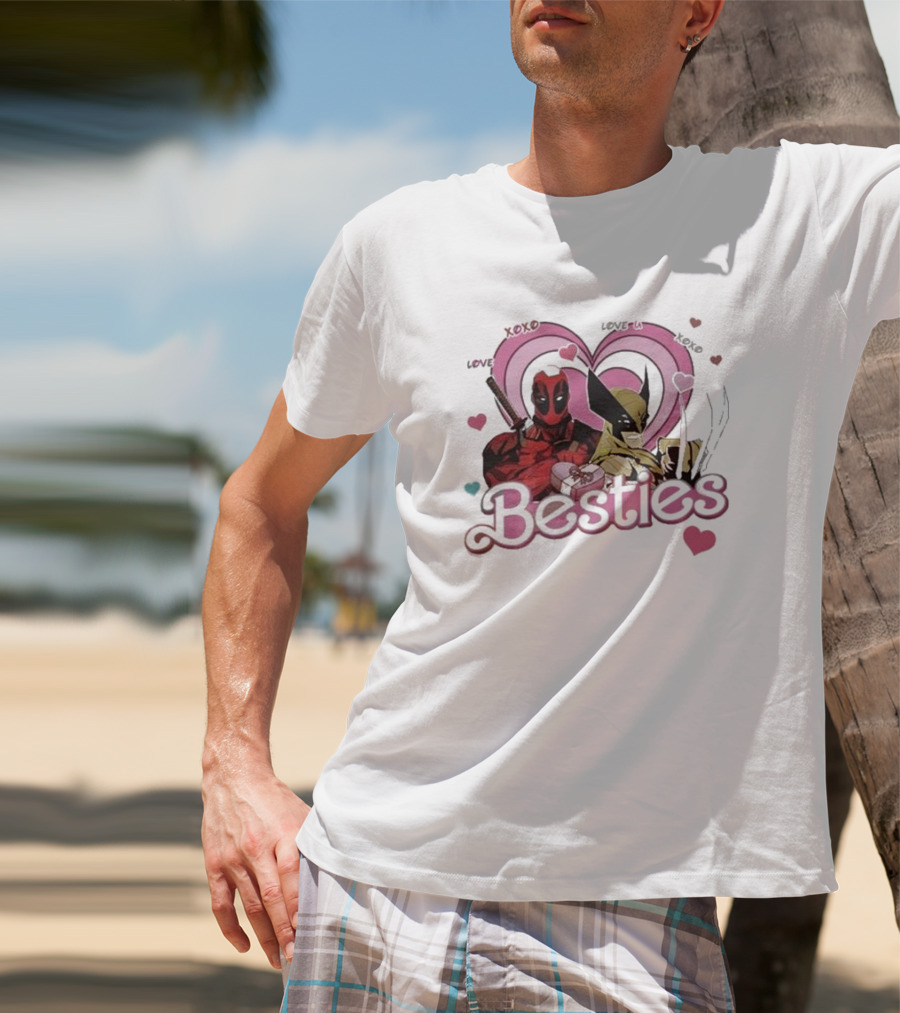 Deadpool Wolverine Love Hearts Besties Cute Friends T-Shirt