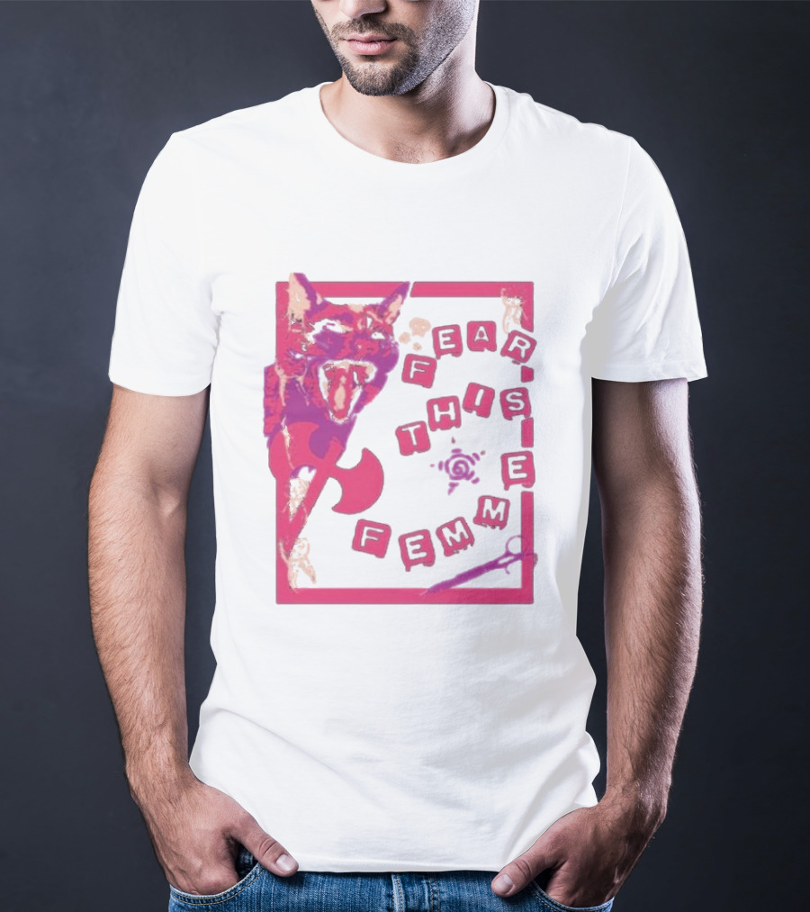 Fear This Femme Cat And Axe Retro Typography Pink Acid Wash T-Shirt