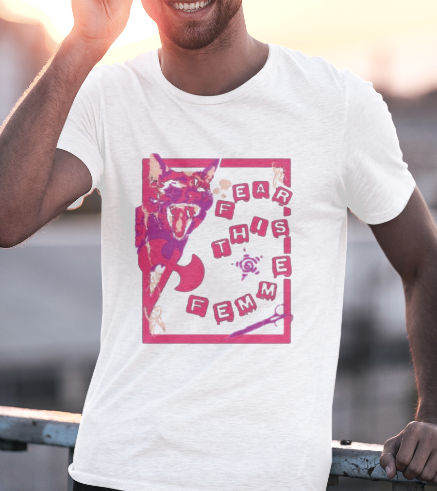 Fear This Femme Cat And Axe Retro Typography Pink Acid Wash T-Shirt