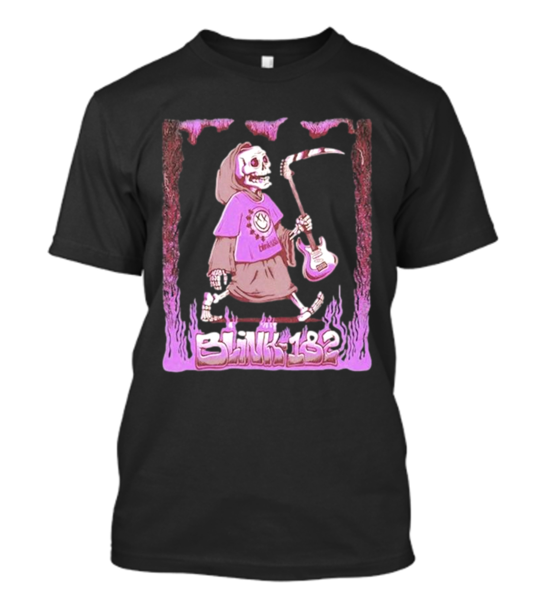 Blink-182 Grim Reaper Skeleton With Guitar Flame Border T-Shirt