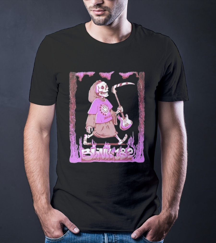 Blink-182 Grim Reaper Skeleton With Guitar Flame Border T-Shirt