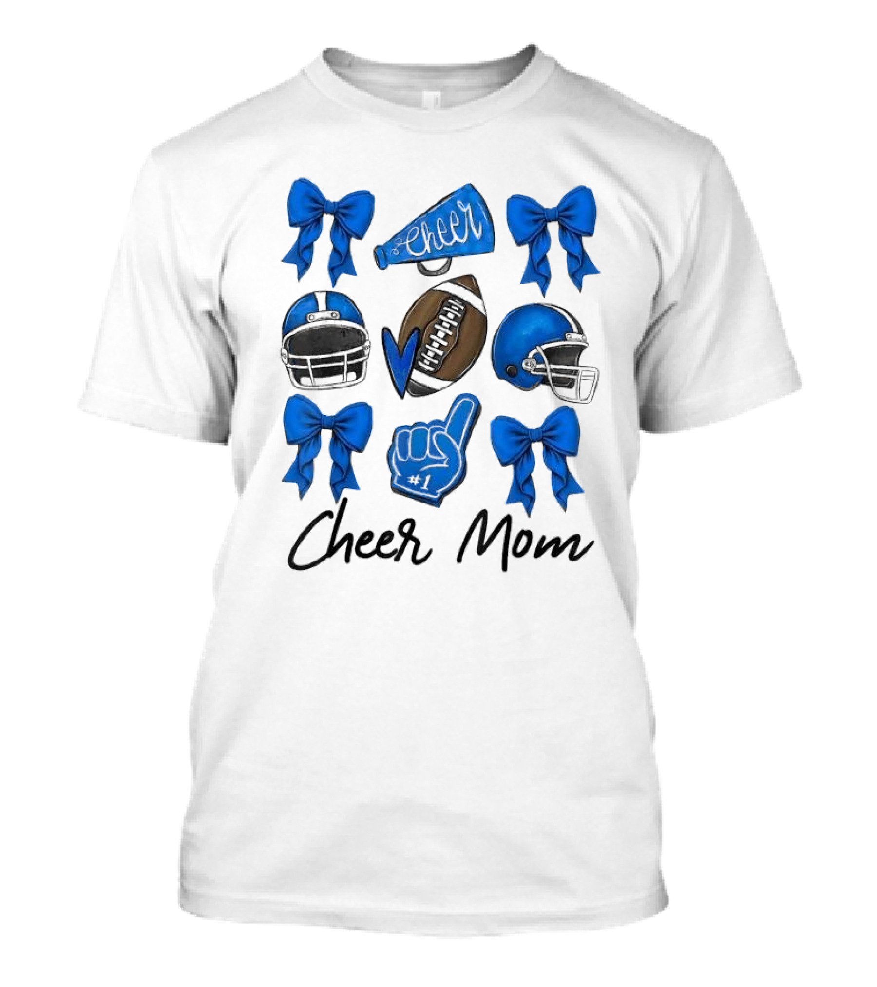 Cheer Mom Era Pom Cheer Leopard Football Coquette Bow Blue T-Shirt