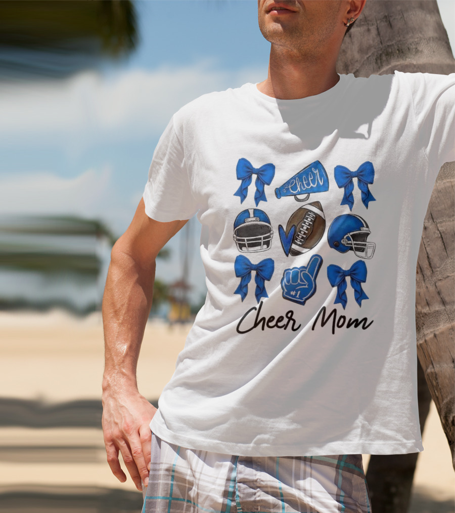 Cheer Mom Era Pom Cheer Leopard Football Coquette Bow Blue T-Shirt