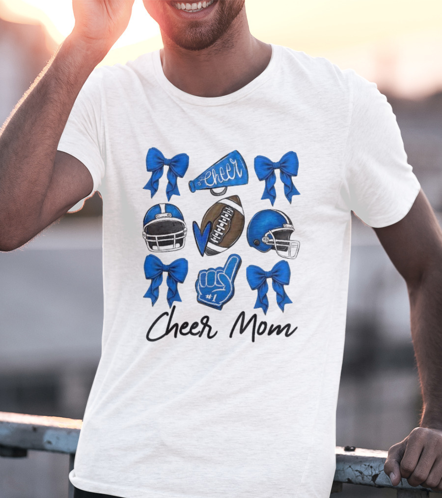 Cheer Mom Era Pom Cheer Leopard Football Coquette Bow Blue T-Shirt