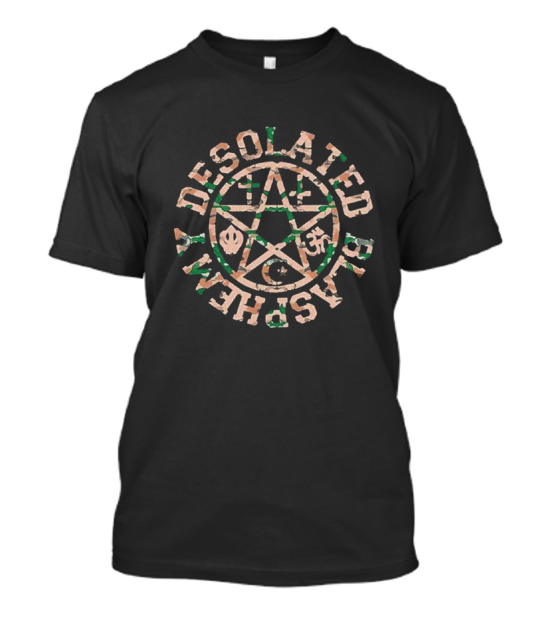 Desolated Blasphemy Pentagram With Religious Symbols T-Shirt