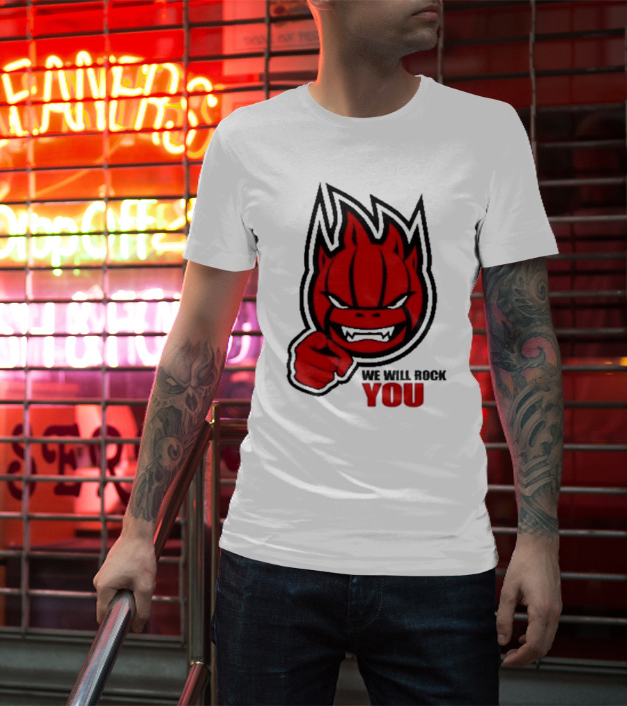 Sir Safety Perugia We Will Rock You Red Flame Character With Pointing Finger T-Shirt
