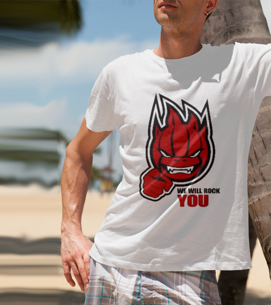 Sir Safety Perugia We Will Rock You Red Flame Character With Pointing Finger T-Shirt