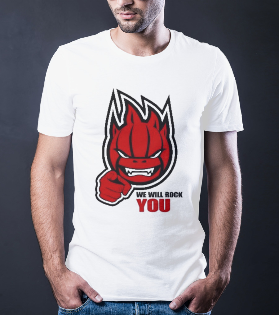 Sir Safety Perugia We Will Rock You Red Flame Character With Pointing Finger T-Shirt