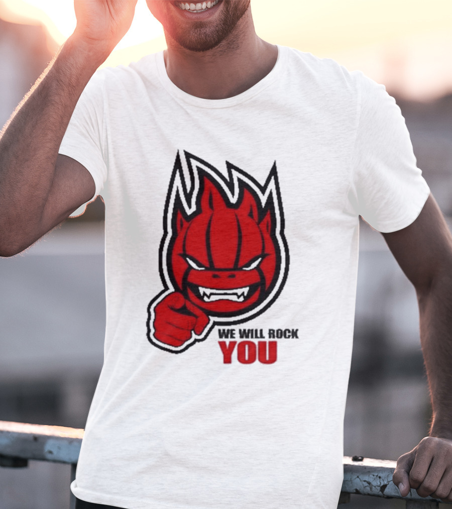 Sir Safety Perugia We Will Rock You Red Flame Character With Pointing Finger T-Shirt