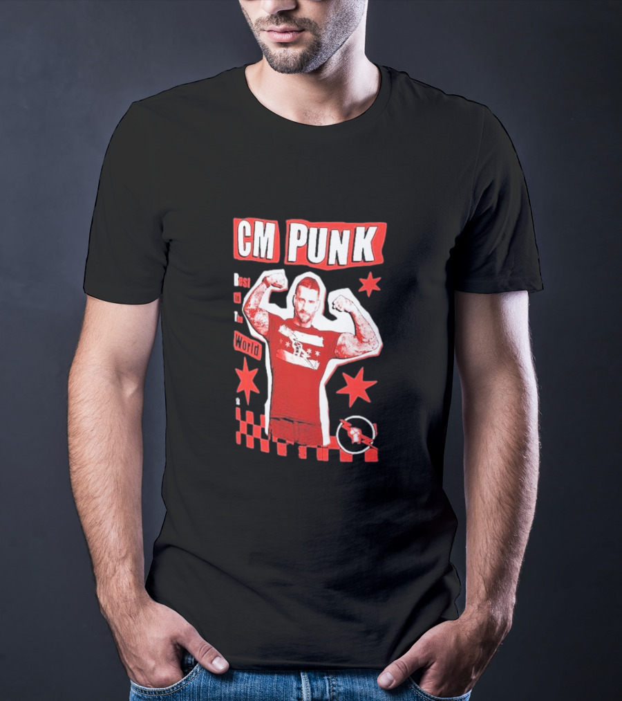 CM Punk Best In The World Star Power Flex Pose Red Stars Checker T-Shirt