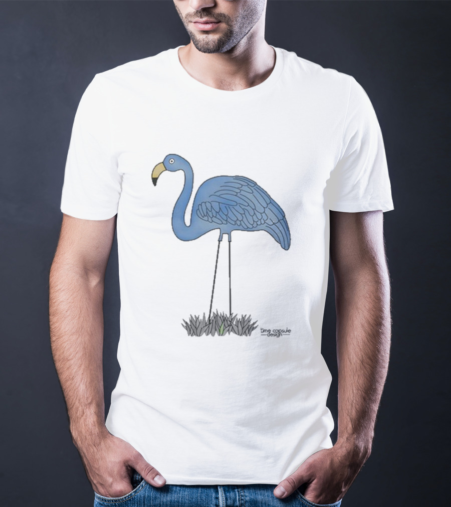 Time Capsule Design Blue Flamingo On Black Grass Background T-Shirt