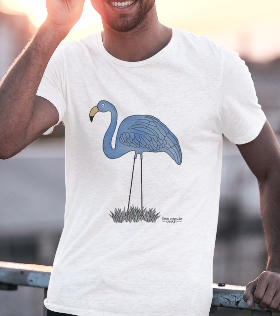Time Capsule Design Blue Flamingo On Black Grass Background T-Shirt