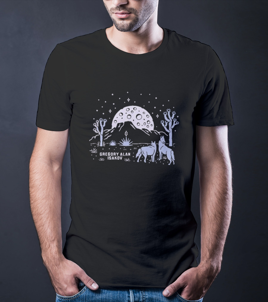 Gregory Alan Isakov Full Moon In Joshua Tree Desert Night With Horses And Cacti T-Shirt