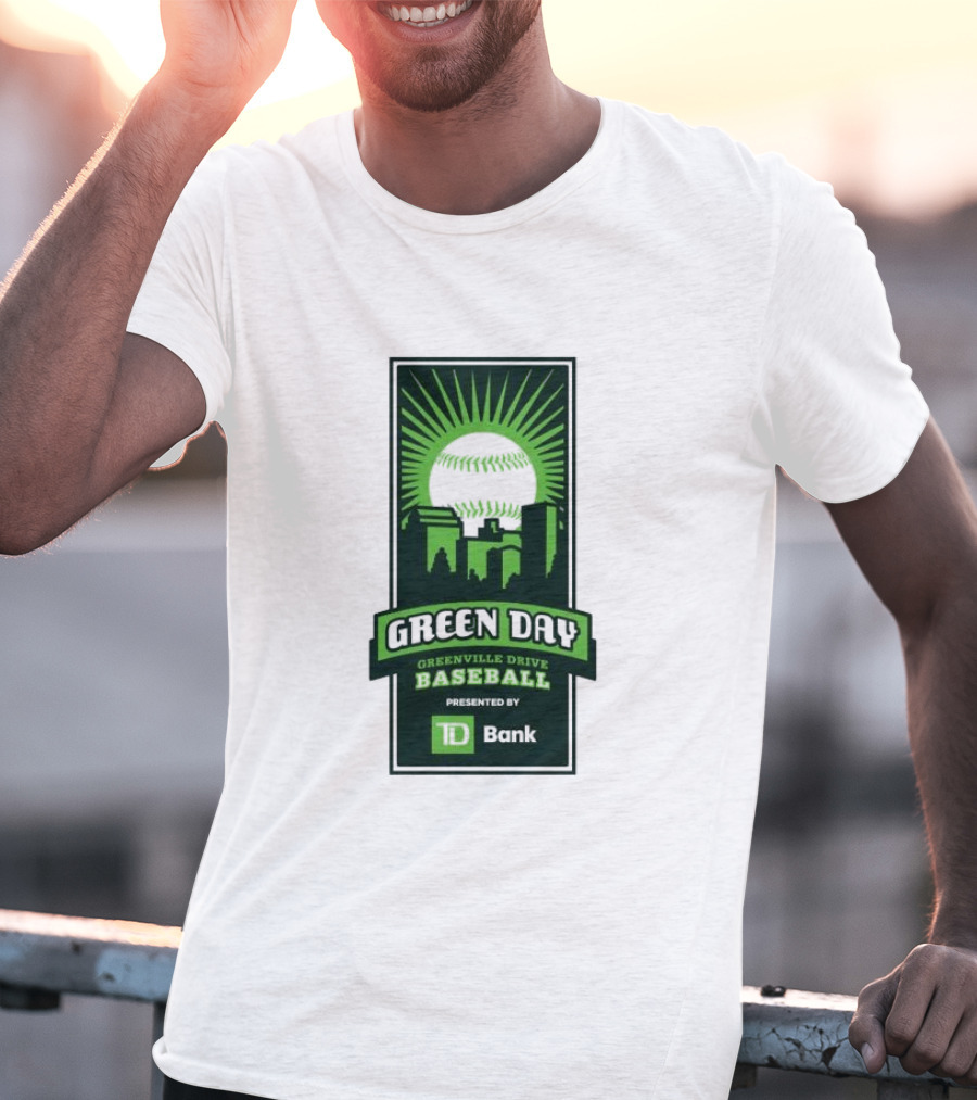 Green Day Greenville Drive Baseball Presented By TD Bank Skyline Baseball Sunburst T-Shirt