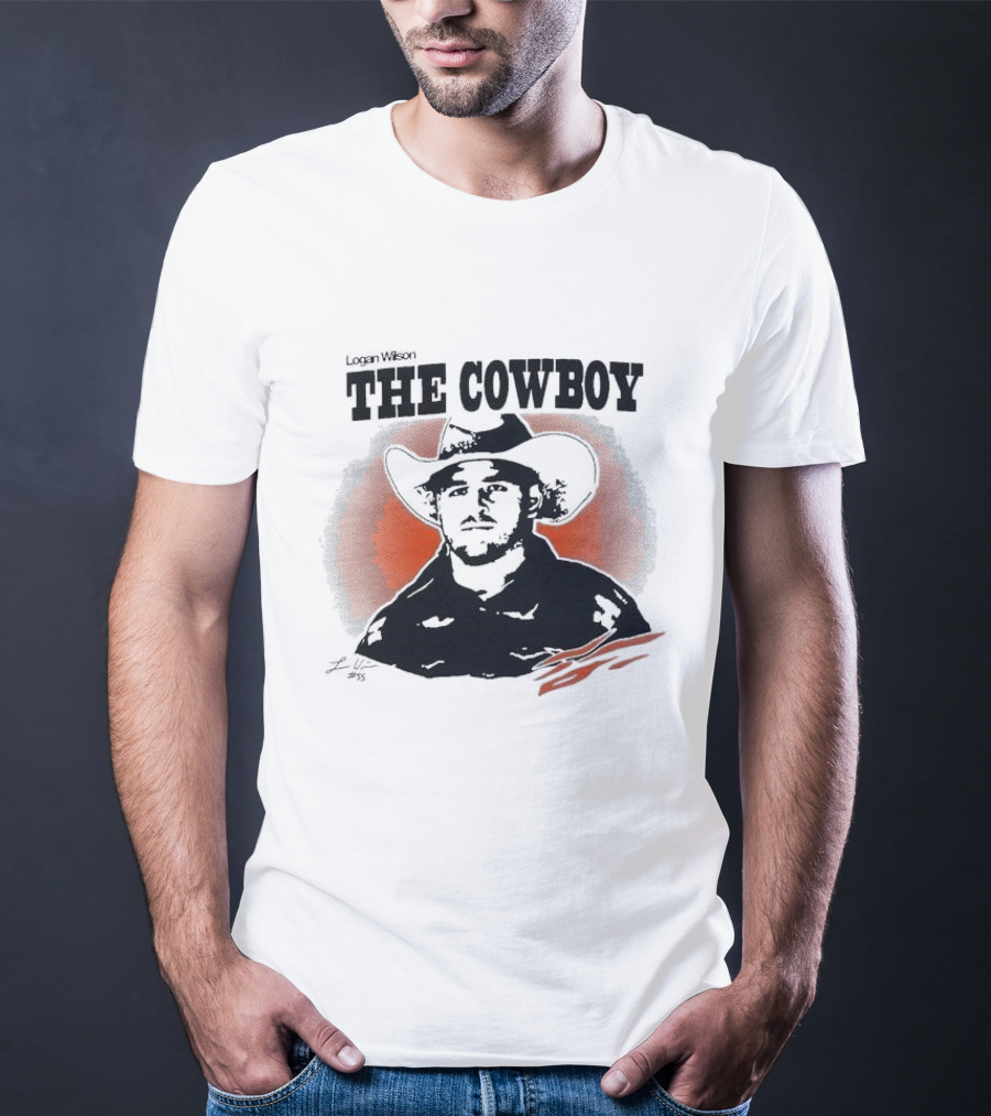 Logan Wilson The Cowboy Signature Art With Western Hat And Orange Backdrop T-Shirt