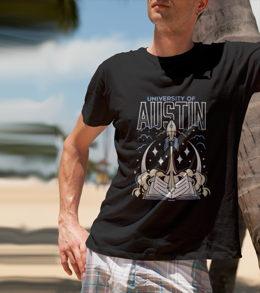 University Of Austin Rocket Book Imagery With Stars And Clouds T-Shirt