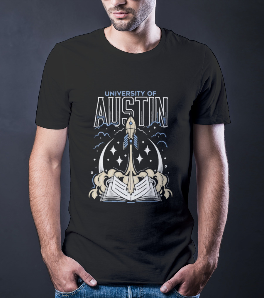 University Of Austin Rocket Book Imagery With Stars And Clouds T-Shirt