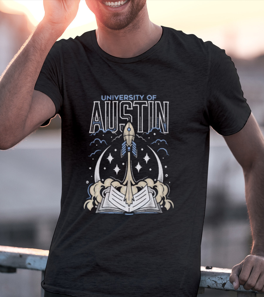 University Of Austin Rocket Book Imagery With Stars And Clouds T-Shirt