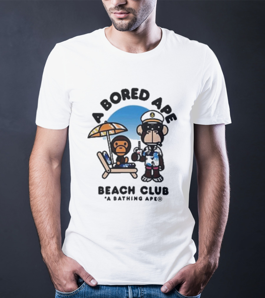 A Bored Ape Beach Club A Bathing Ape Officer And Relaxing Ape Scene T-Shirt