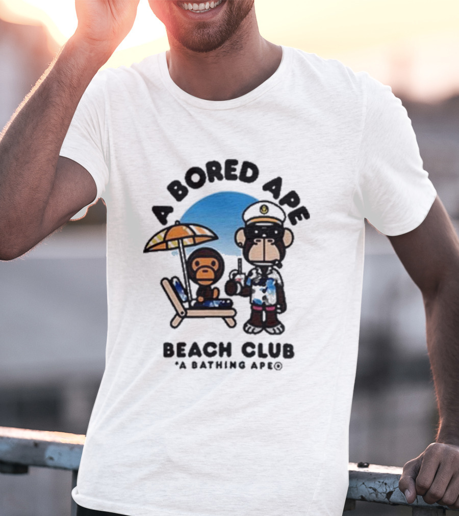 A Bored Ape Beach Club A Bathing Ape Officer And Relaxing Ape Scene T-Shirt