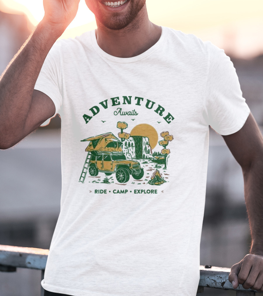 Adventure Awaits Ride Camp Explore Jeep Camping Scene T-Shirt