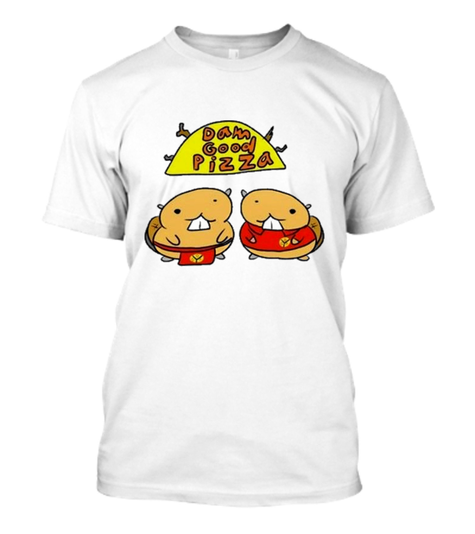 Dam Good Pizza Beaver Characters Duo In Red With Iconic Yellow Cheese Slice T-Shirt