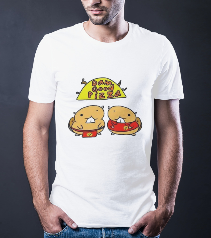 Dam Good Pizza Beaver Characters Duo In Red With Iconic Yellow Cheese Slice T-Shirt