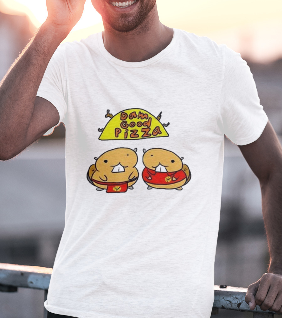 Dam Good Pizza Beaver Characters Duo In Red With Iconic Yellow Cheese Slice T-Shirt
