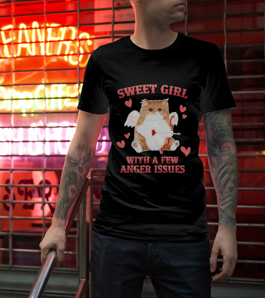 Sweet Girl With A Few Anger Issues Cat With Bow And Arrow Vintage Hearts T-Shirt