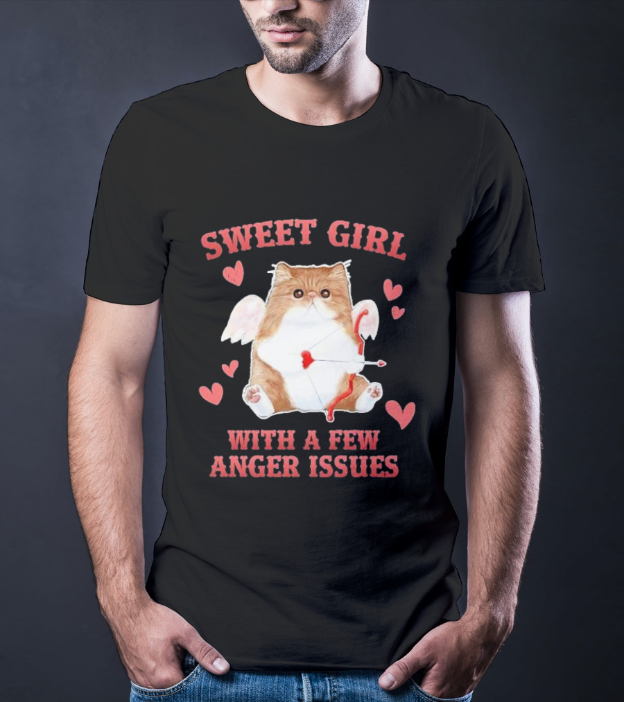 Sweet Girl With A Few Anger Issues Cat With Bow And Arrow Vintage Hearts T-Shirt