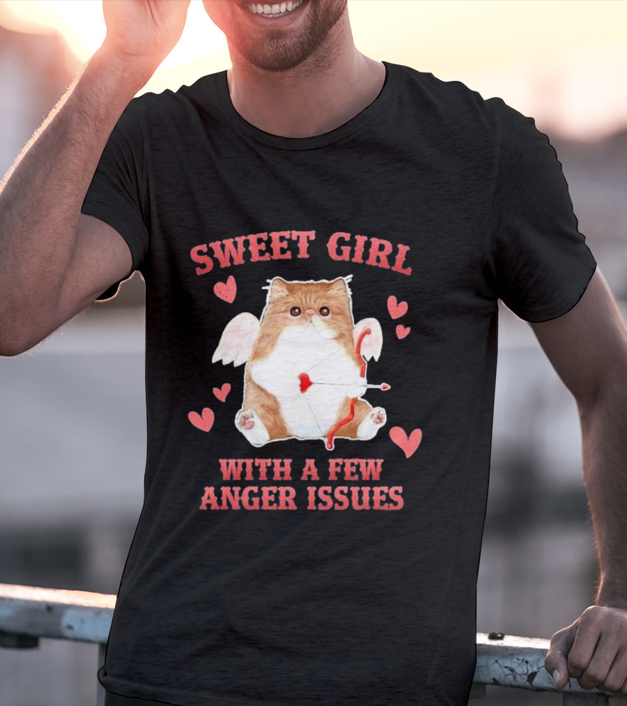 Sweet Girl With A Few Anger Issues Cat With Bow And Arrow Vintage Hearts T-Shirt
