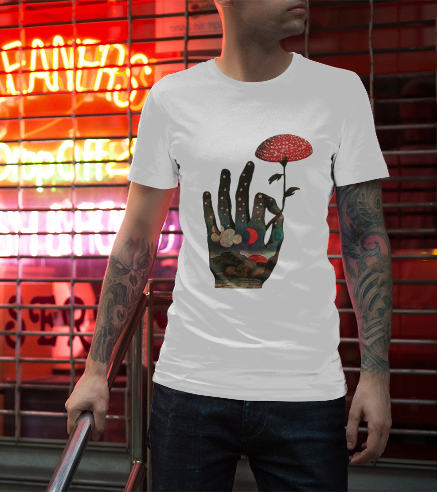 Fly Agaric Psychedelic Hand With Night Sky And Moon T-Shirt