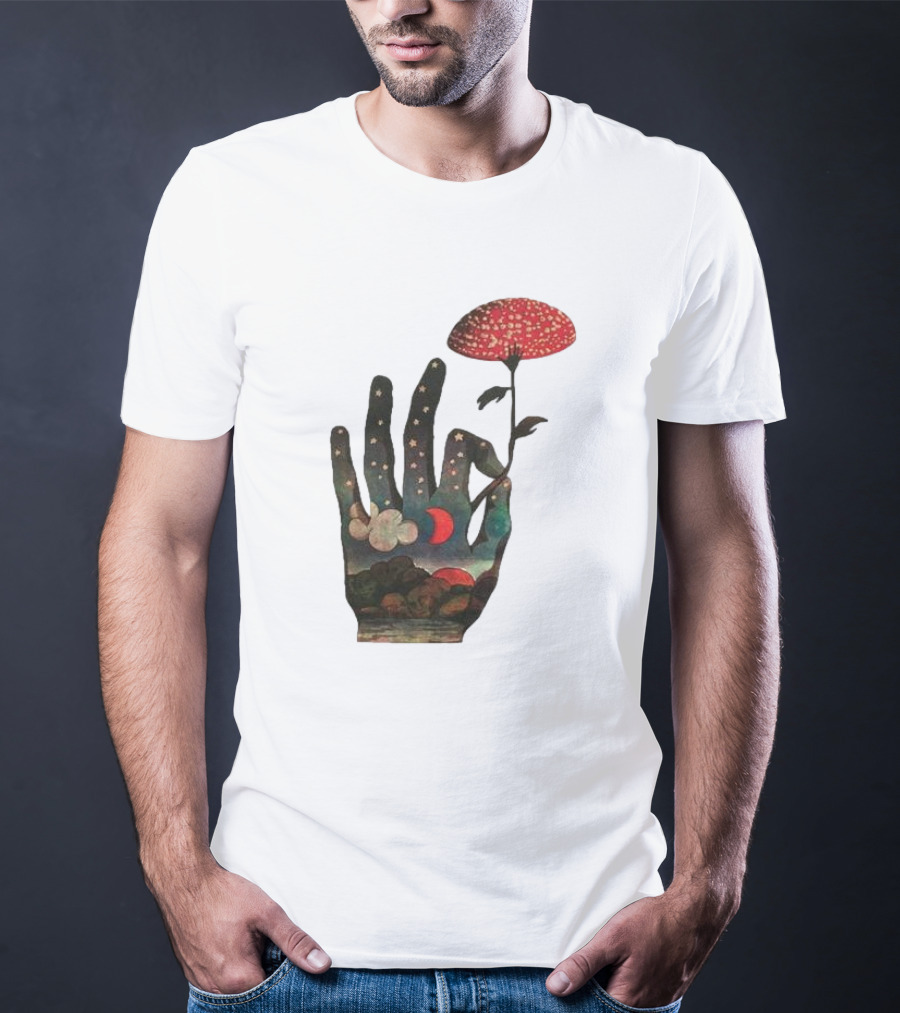 Fly Agaric Psychedelic Hand With Night Sky And Moon T-Shirt