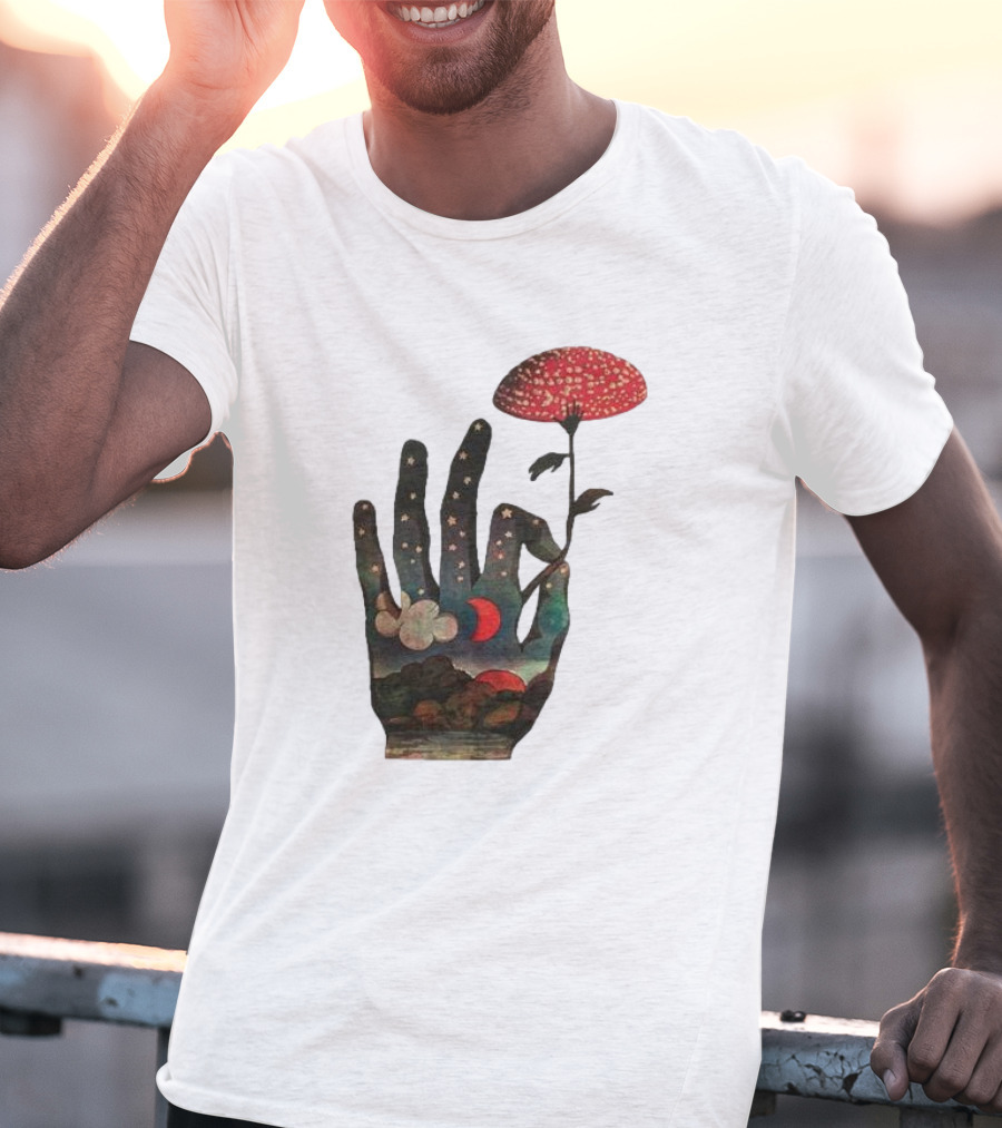 Fly Agaric Psychedelic Hand With Night Sky And Moon T-Shirt