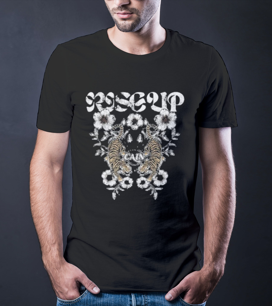 Rise Up Cain Blue Tiger Design With Floral Elements T-Shirt