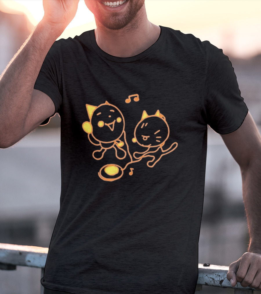 Pixlotl Cat Characters With Music Notes And CD Player T-Shirt