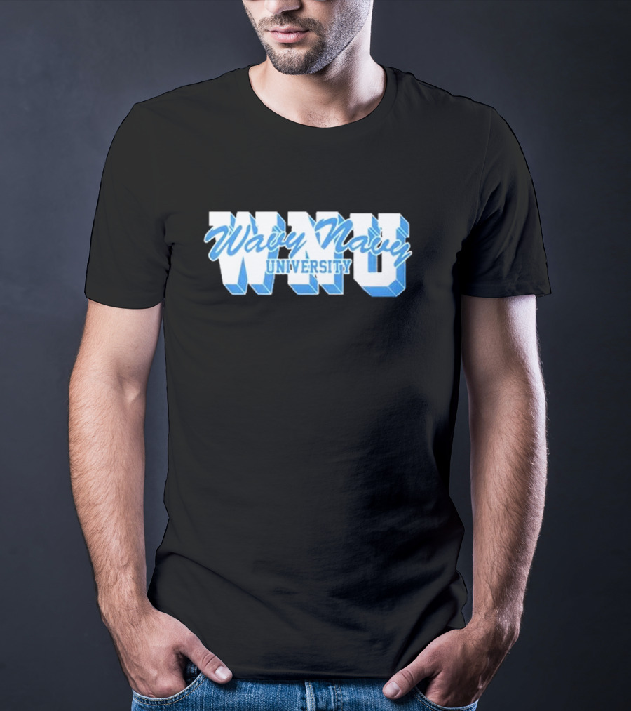 Wavy Navy University WNU Bold 3D Bold Blue Text T-Shirt