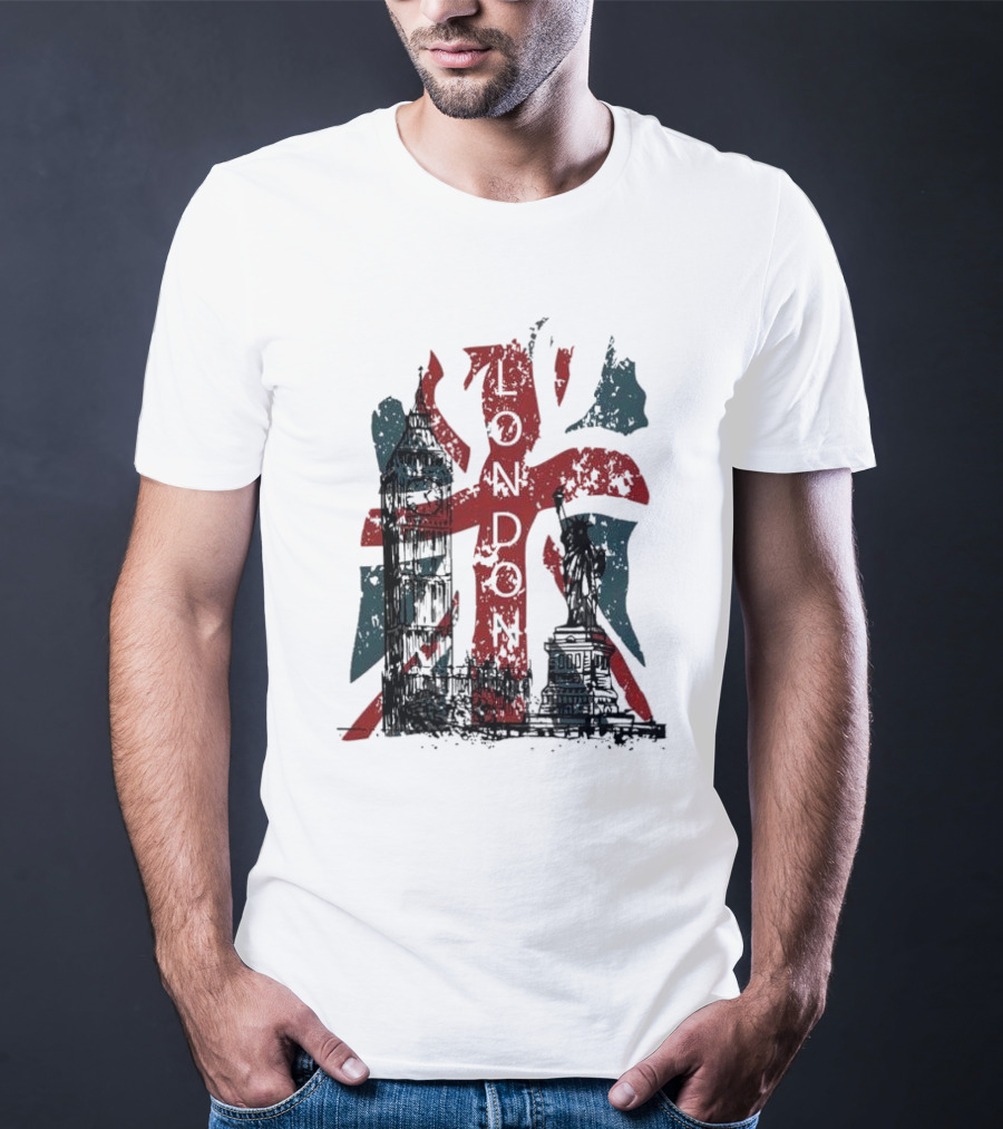 Retro London England Flag Big Ben Statue Liberty T-Shirt