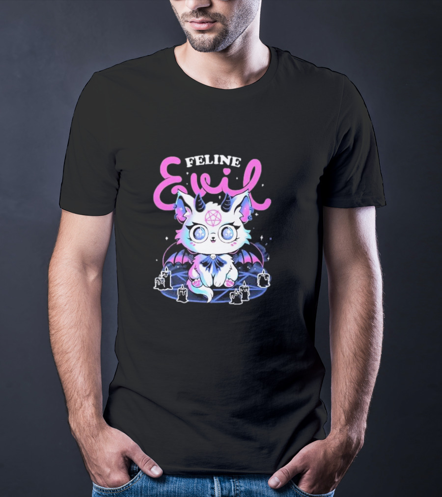 Feline Evil Cute Devil Cat With Pentagram And Bat Wings T-Shirt